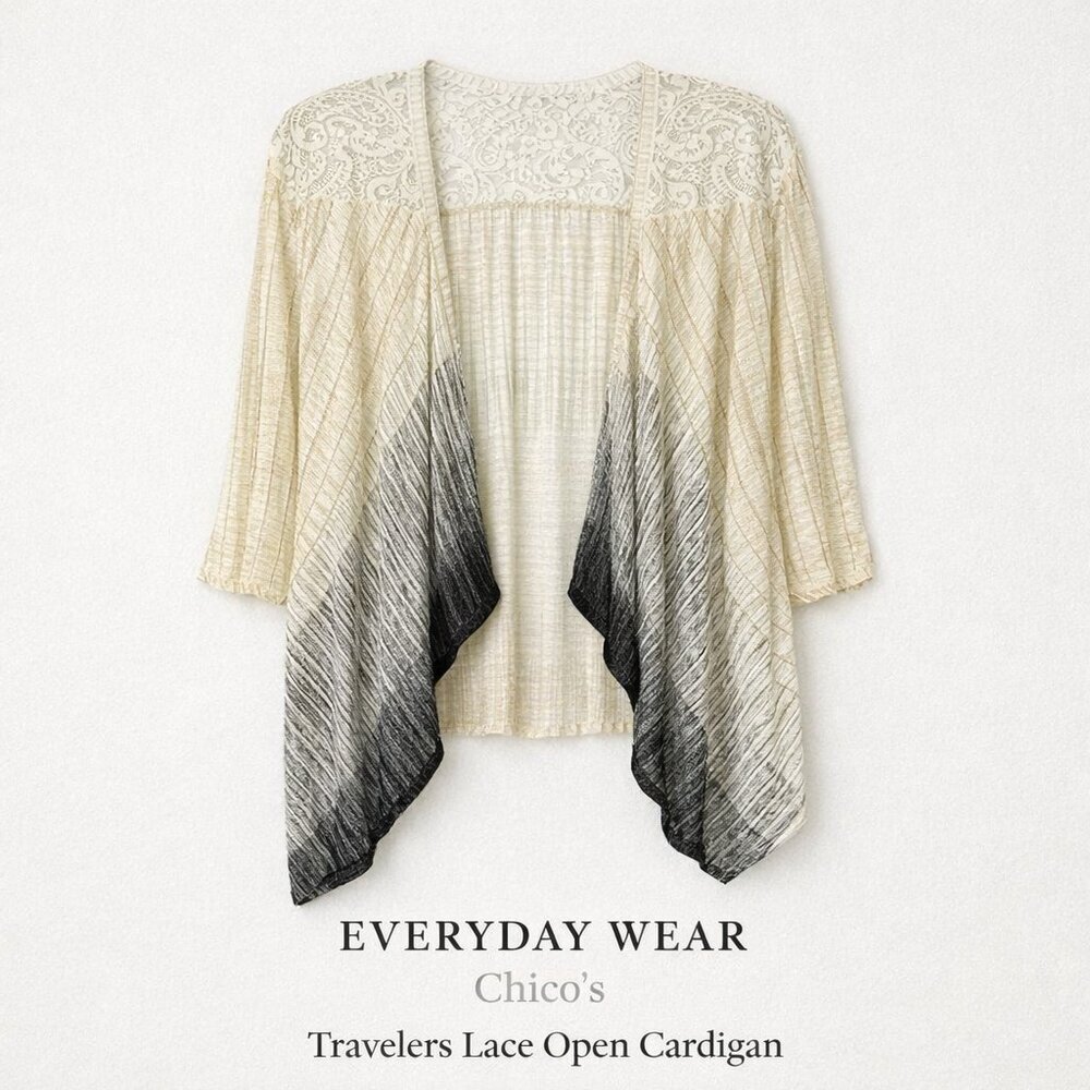 Chico’s Travelers Lace Open Cardigan Packable Travel Layer Beige Size 2